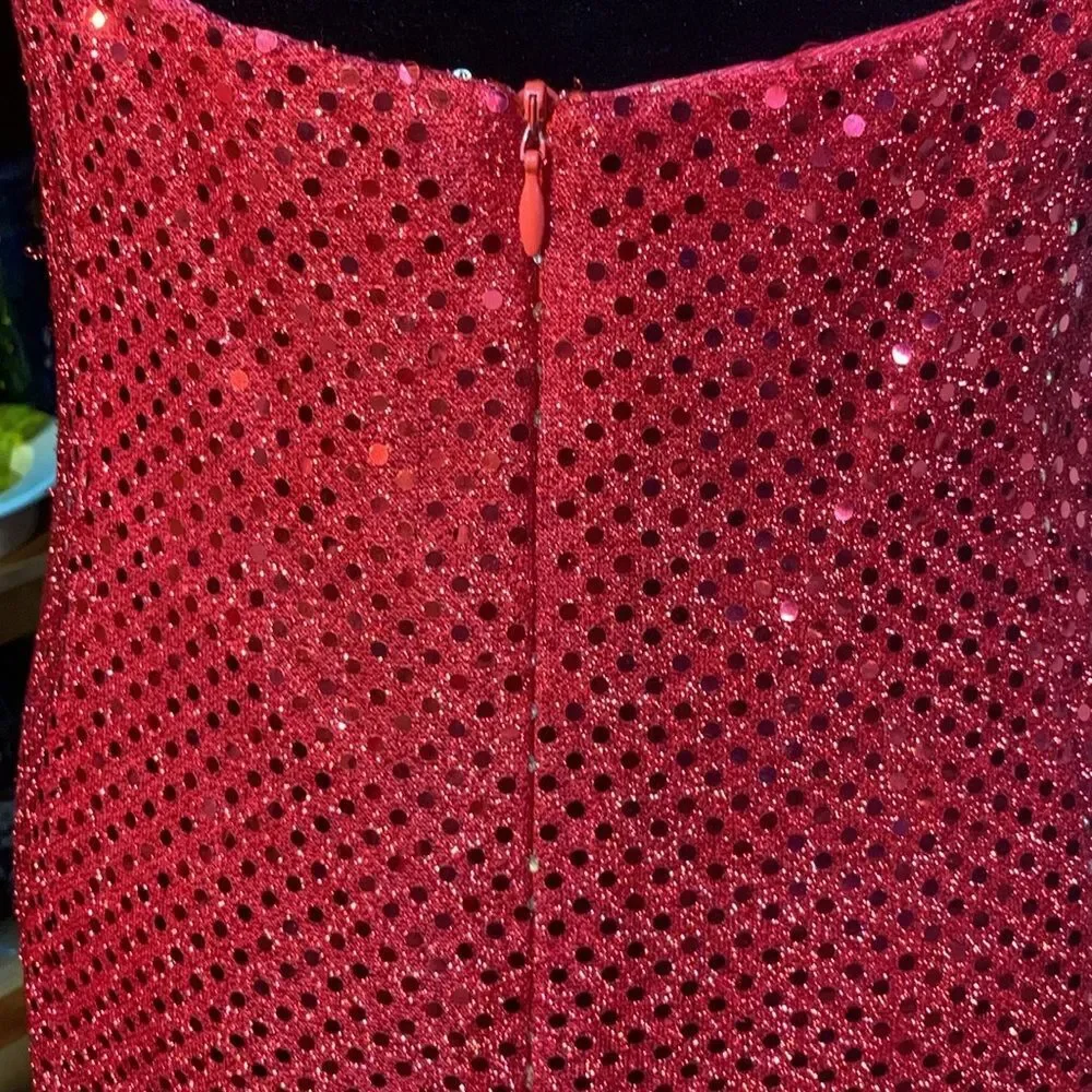 Sexy Retro Vintage 90s Red Sequin Floor Length Formal Gown Halter Neck Leg Slit - Picture 8 of 16